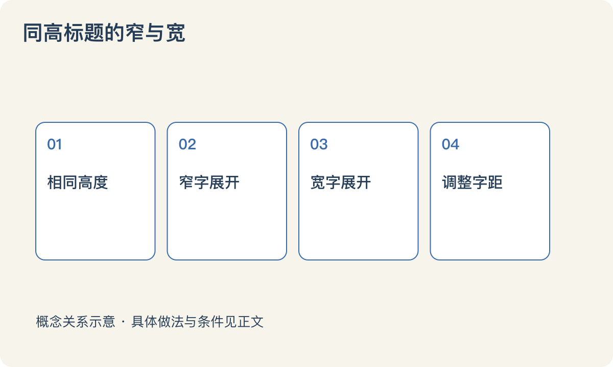 同高标题的窄与宽：相同高度；窄字展开；宽字展开；调整字距