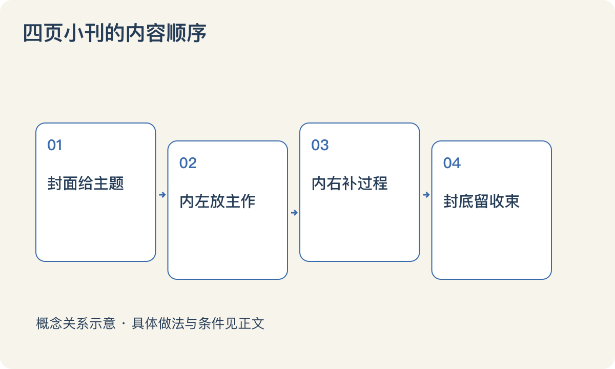 四页小刊的内容顺序：封面给主题；内左放主作；内右补过程；封底留收束