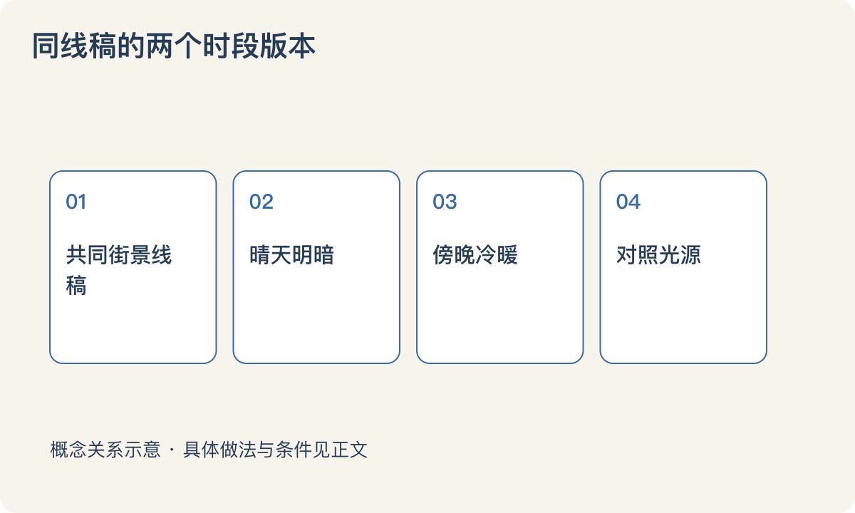 同线稿的两个时段版本:共同街景线稿;晴天明暗;傍晚冷暖;对照光源