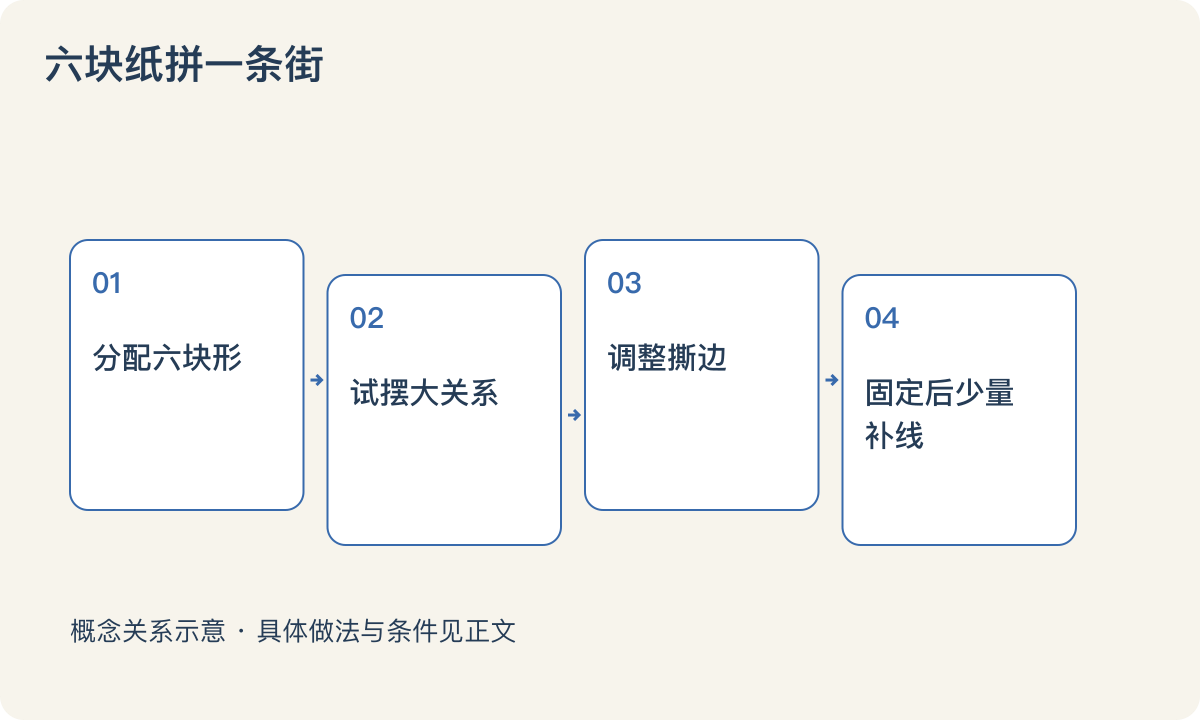 六块纸拼一条街：分配六块形；试摆大关系；调整撕边；固定后少量补线