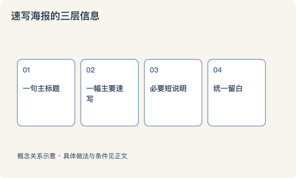 速写海报的三层信息：一句主标题；一幅主要速写；必要短说明；统一留白